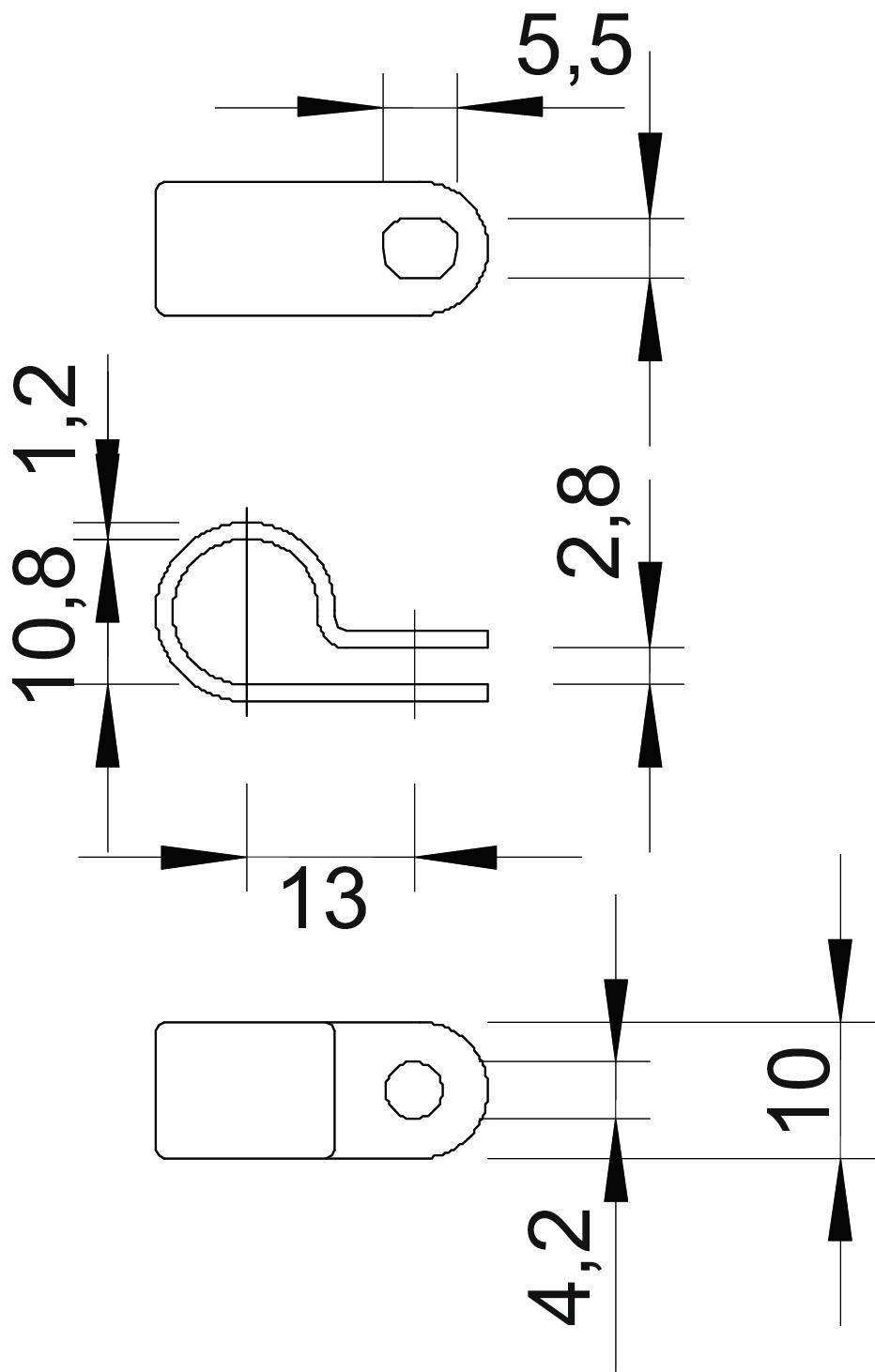 Technische Zeichnung eines Metallclips. Zeigt Abmessungen: 10,8 x 1,2 mm, 13 mm in der Breite, Öffnung 2,8 mm, Gesamthöhe 10 mm.