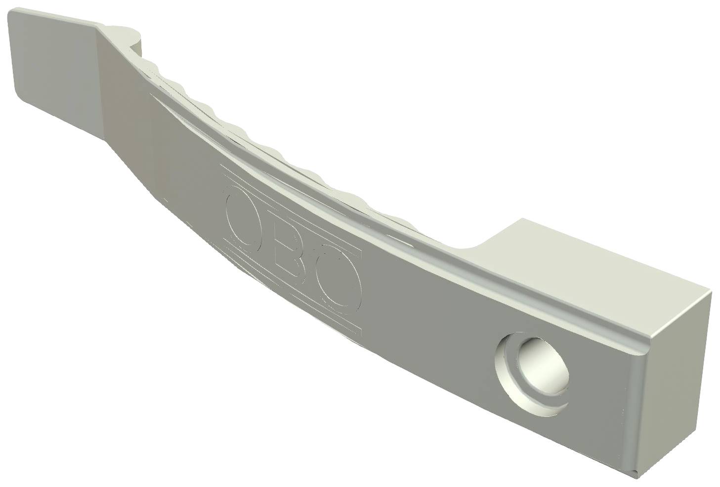 Metallischer Befestigungsbügel mit geschwungener Form, seitlicher Lochung und erhabener Gravur auf der Oberfläche.