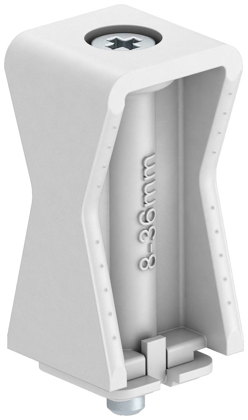 Eine weiße Kunststoffverbindung mit Schraube und der Aufschrift '8-36mm' senkrecht auf der Innenseite.