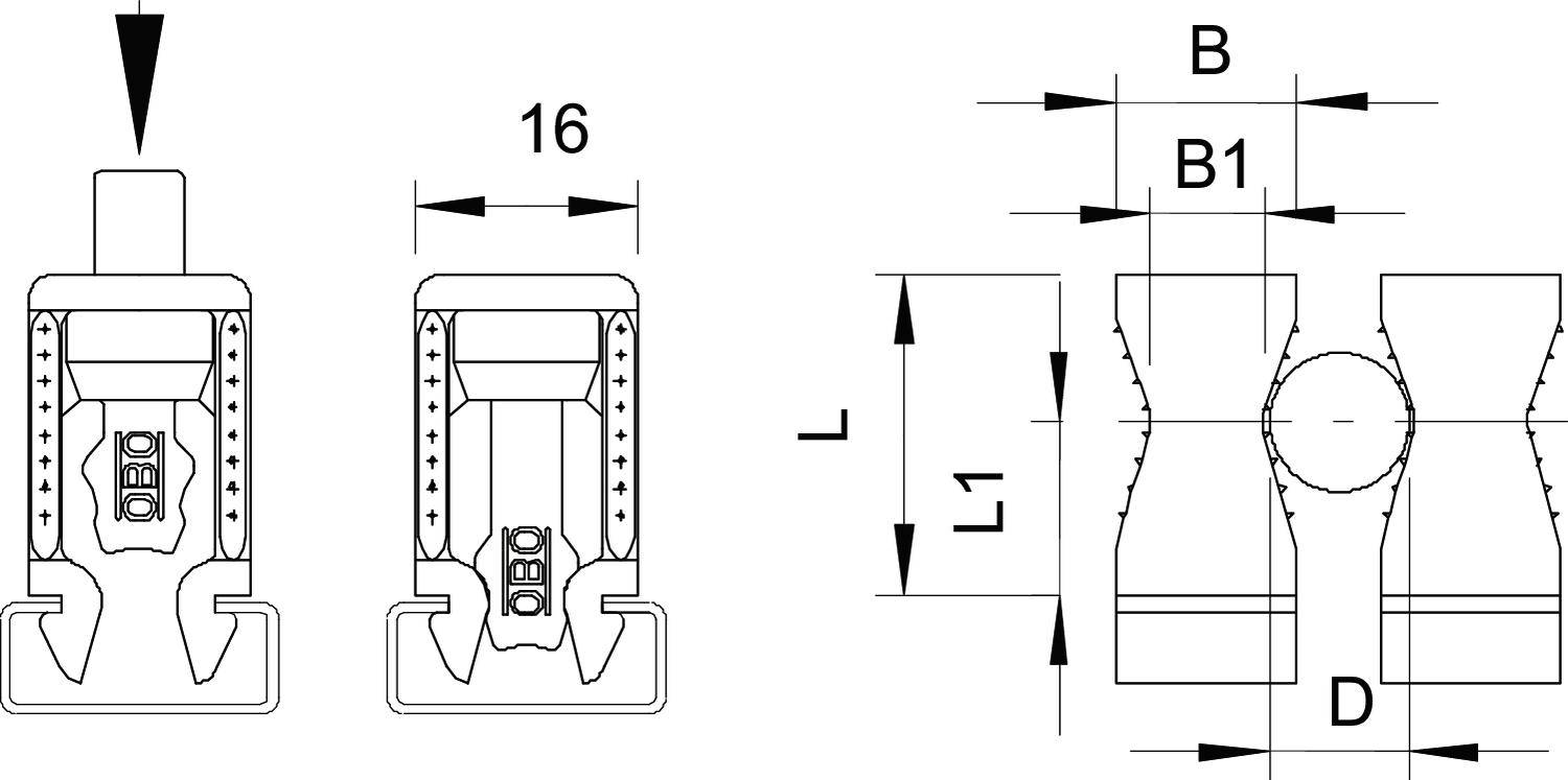 Technische Zeichnung zweier Verbindungselemente mit Bemaßungen. Links Maße 16; rechts Maße B, B1, L, L1, D.