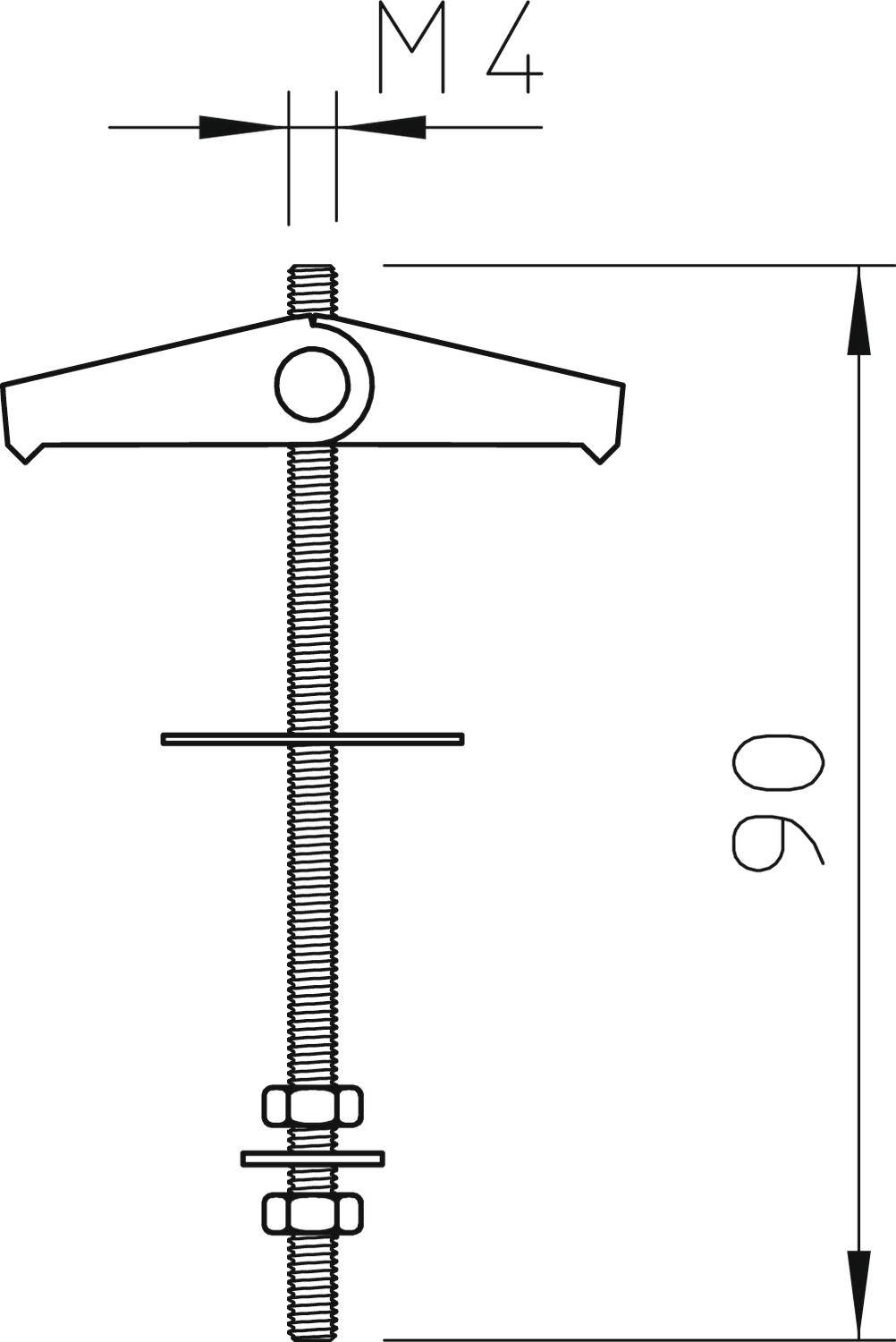 Diagramm eines Scharniers: Metallscharnier mit Schraubengewinde, Mutter und Unterlegscheibe. Höhe 90 mm, Gewinde M4.