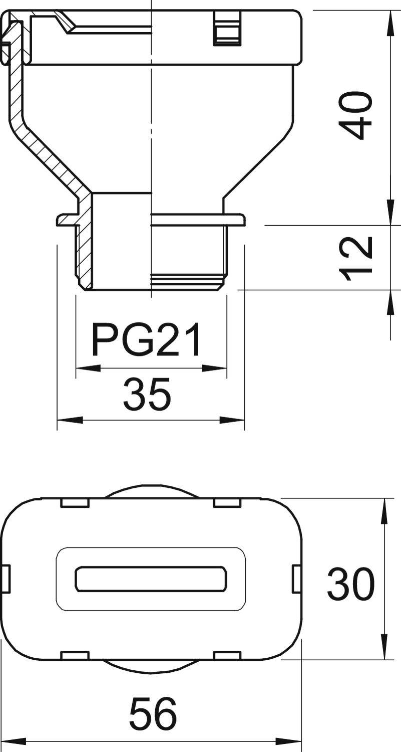 Technische Zeichnung eines elektrischen Steckverbinders mit Maßen: Durchmesser 35 mm, Höhe 40 mm, PG21-Gewinde, Breite 56 mm, Höhe 30 mm.