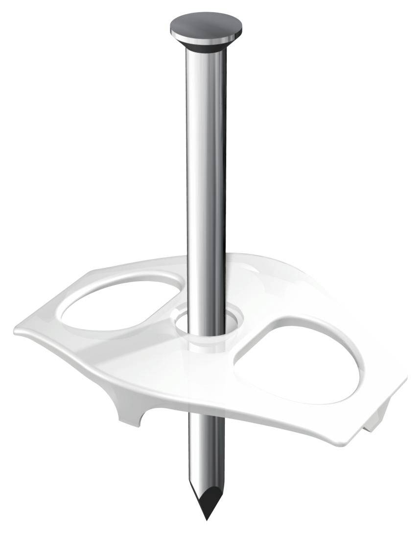 Ein silberner Nagel mit flachem Kopf durchstößt eine weiße, kunststoffähnliche Halterung mit zwei runden Aussparungen.