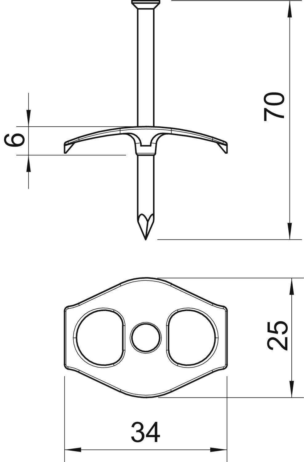 Technische Zeichnung eines Ankers mit seitlicher und Draufsicht. Maße: Gesamthöhe 70 mm, Breite 34 mm, Breite am oberen Ende 25 mm, Stiftdurchmesser 6 mm.