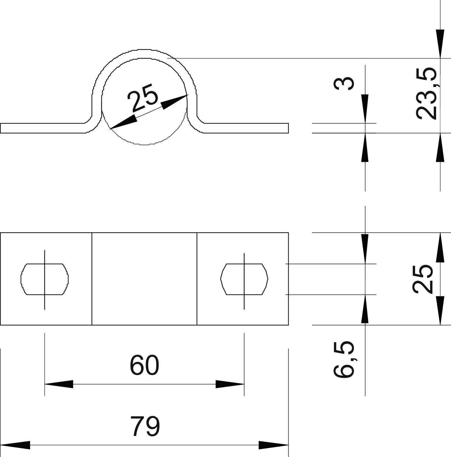Technische Zeichnung eines Metallbügels, Abmessungen: Breite 79 mm, Höhe 3 mm, Durchmesser 25 mm, Befestigungslöcher seitlich.
