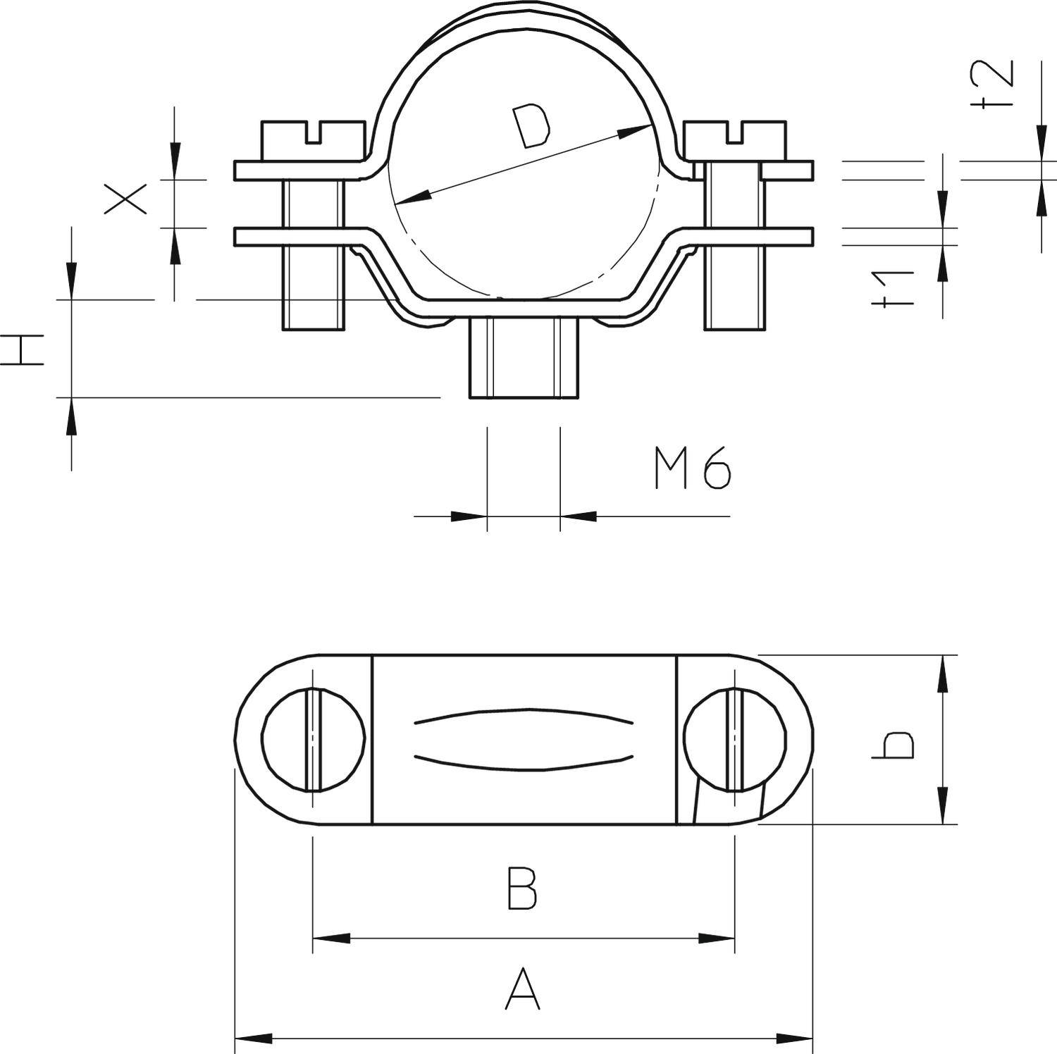 Technische Zeichnung einer Rohrschelle. Oben: Schnittansicht mit Maßen D, H, X, t1, t2. Unten: Draufsicht mit Maßen A, B, b und M6.