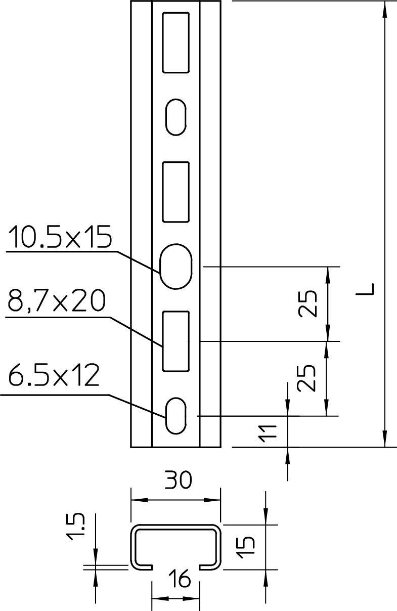 Technische Zeichnung eines Metallprofils mit Maßen: Länge (L), 30 mm Breite, 15 mm Höhe. Bohrungen: 10,5x15, 8,7x20, 6,5x12.