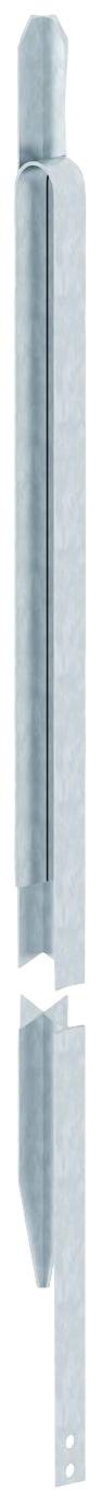 Ein hellblauer Metallstift in vertikaler Position vor weißem Hintergrund. Stiftkappe oben geschlossen, Stiftspitze mit plastikabdeckung.