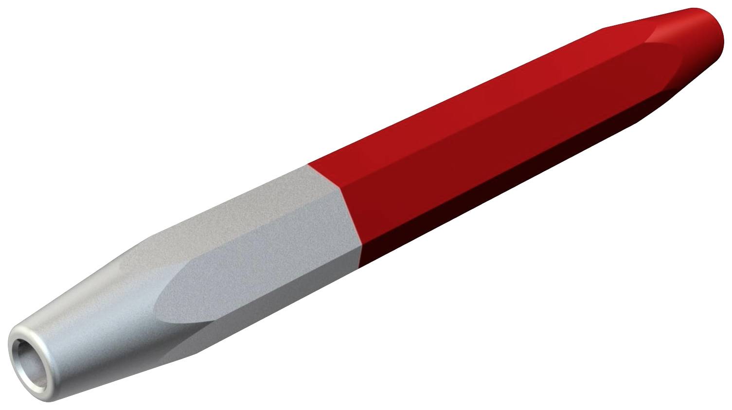 Ein metallisches Werkzeug mit sechseckigem Stiel, zur Hälfte rot gefärbt, das aussieht wie ein Stempelschlagwerkzeug.