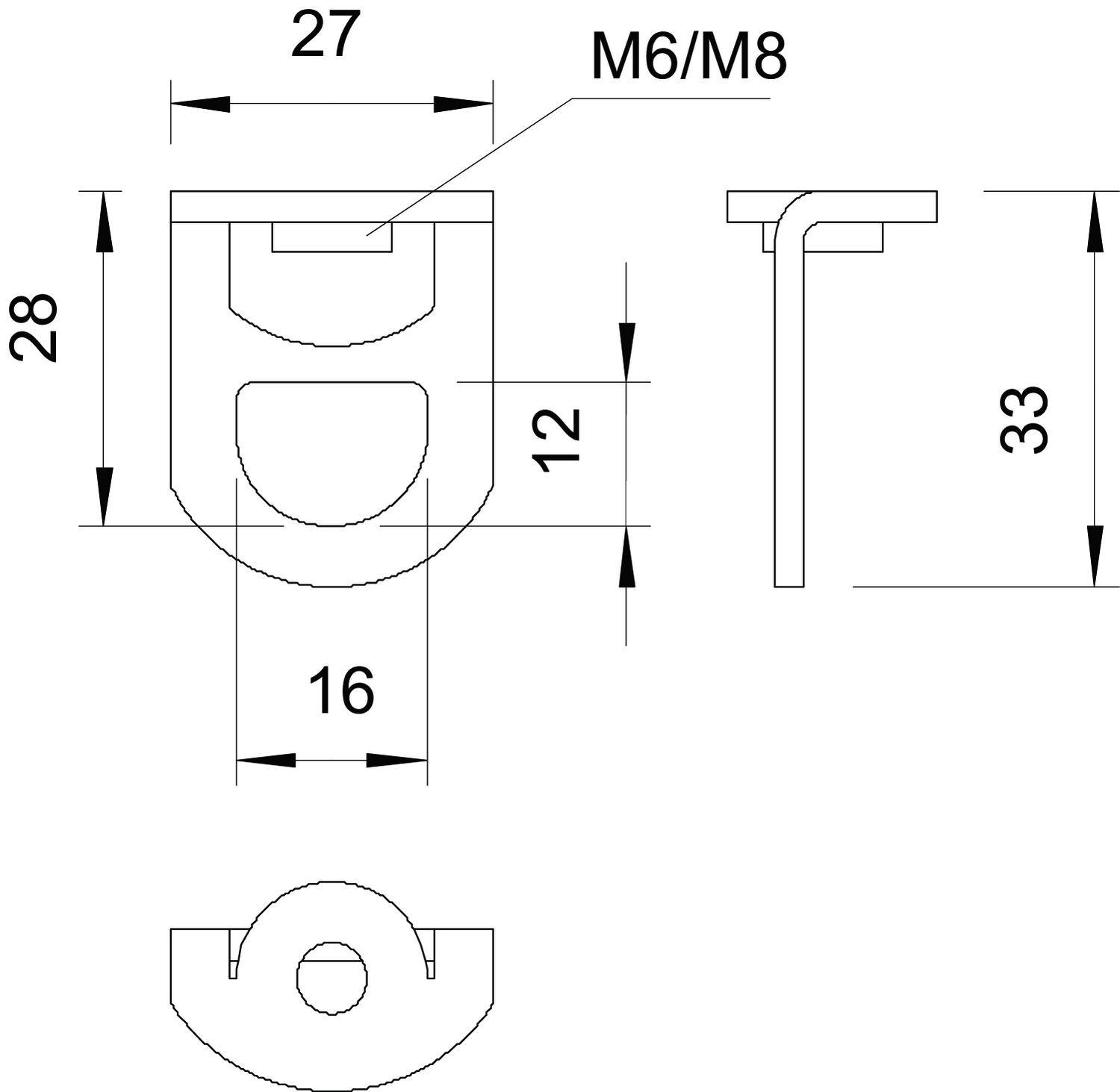 Technische Zeichnung eines Halters mit Maßen: Höhe 28 mm, Breite 16 mm, Tiefe 12 mm, Gesamthöhe 33 mm, Bohrung M6/M8, Abstand 27 mm.