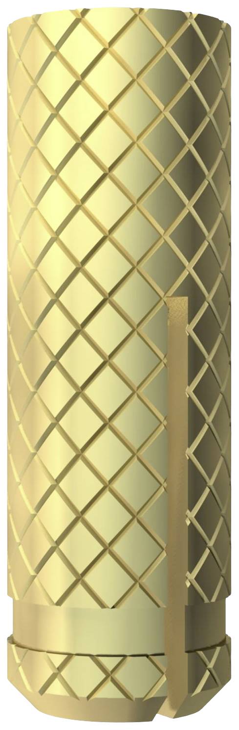 Goldener, zylindrischer Metallgegenstand mit rautenförmigem Muster auf der Oberfläche.