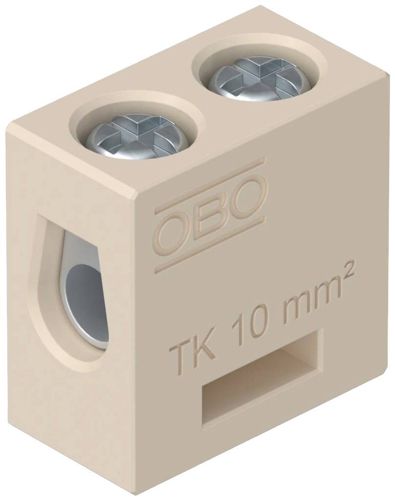 Steckerblock in Beige mit zwei Schrauben, markiert mit 'OBO' und 'TK 10 mm²', geeignet für elektrische Verbindungen.