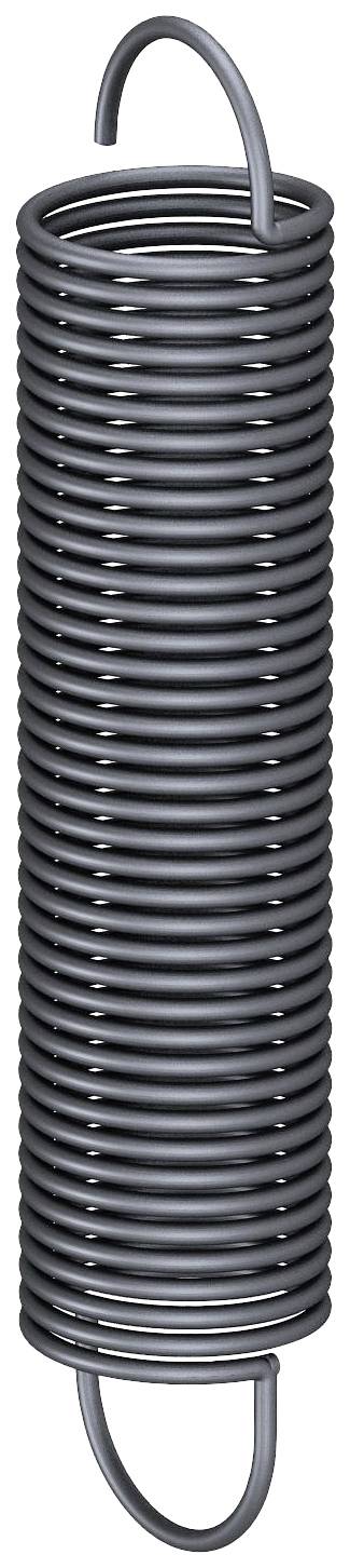 Metallfeder mit zahlreichen eng gewundenen Spiralen und Haken an beiden Enden, eventuell zur Anwendung in mechanischen Geräten.