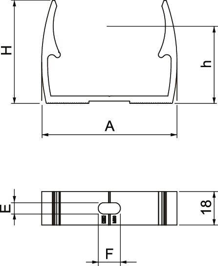 Technische Zeichnung eines Profils mit zwei Ansichten: Front- und Seitenansicht, Maße A, H, h, E, F und 18 mm sind angegeben.
