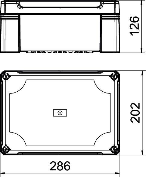 Technische Zeichnung eines rechteckigen Gehäuses mit Maßen: Breite 286 mm, Höhe 126 mm, Tiefe 202 mm, gezeigt von vorne und oben.