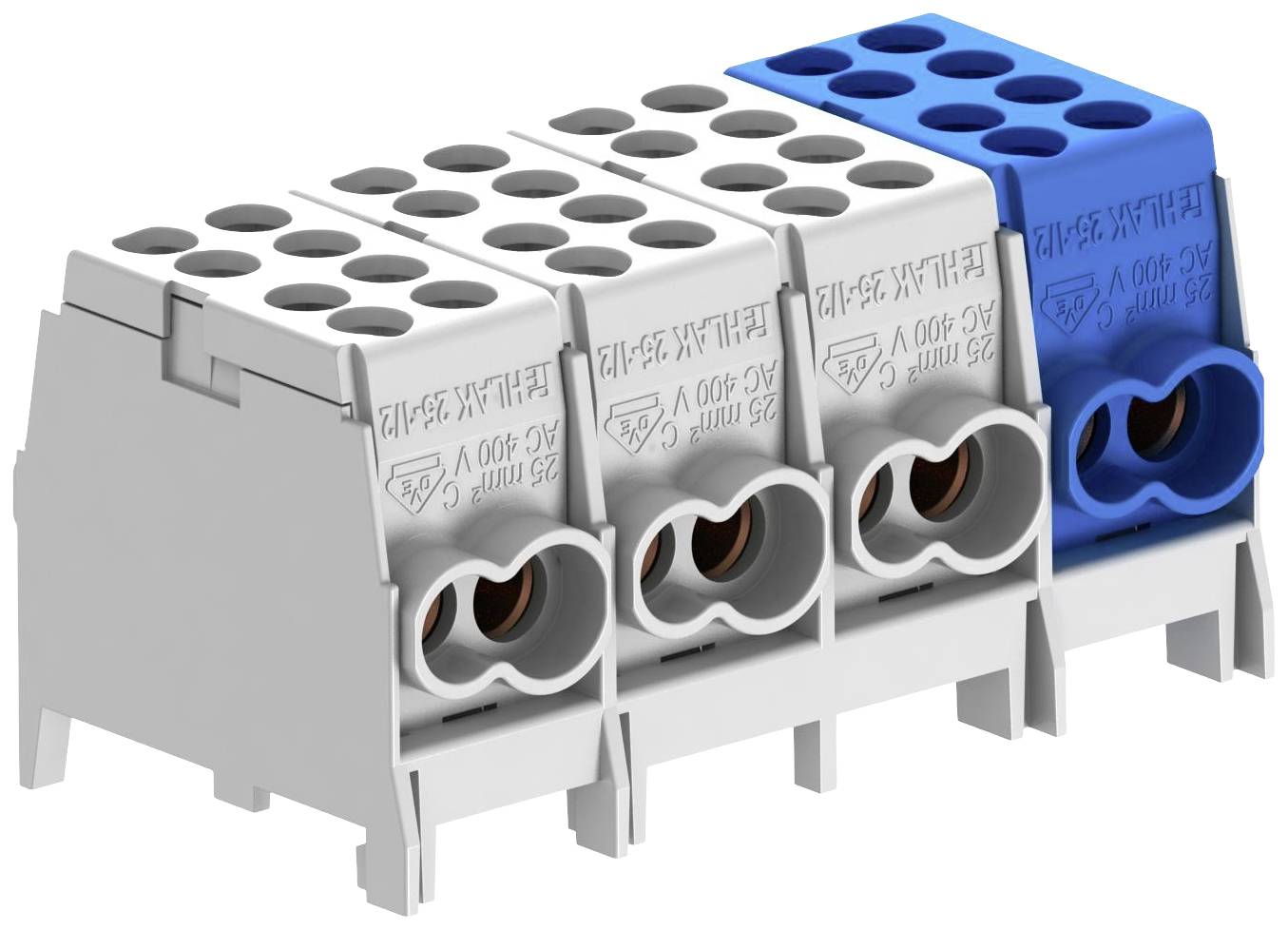 Ein Kunststoffblock mit mehreren runden Steckanschlüssen, teilweise blau gefärbt, für elektrische Verbindungen in Schalttafeln.