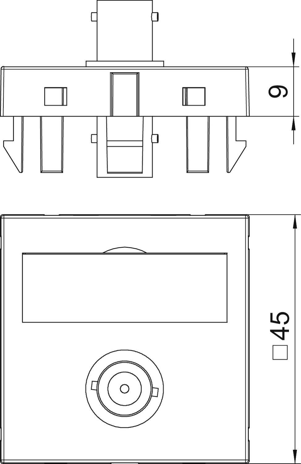 Technische Zeichnung eines elektrischen Schalters mit Maßen: 9 mm Tiefe, 45 mm Breite. Zeigt frontale und seitliche Ansichten.