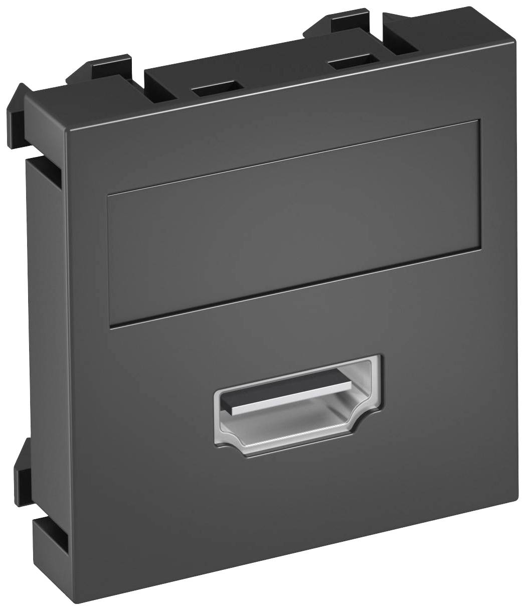 Ein schwarzes, rechteckiges Bauteil mit einem Sichtfenster in der Mitte, möglicherweise ein modularer Rahmen für Steckverbindungen.