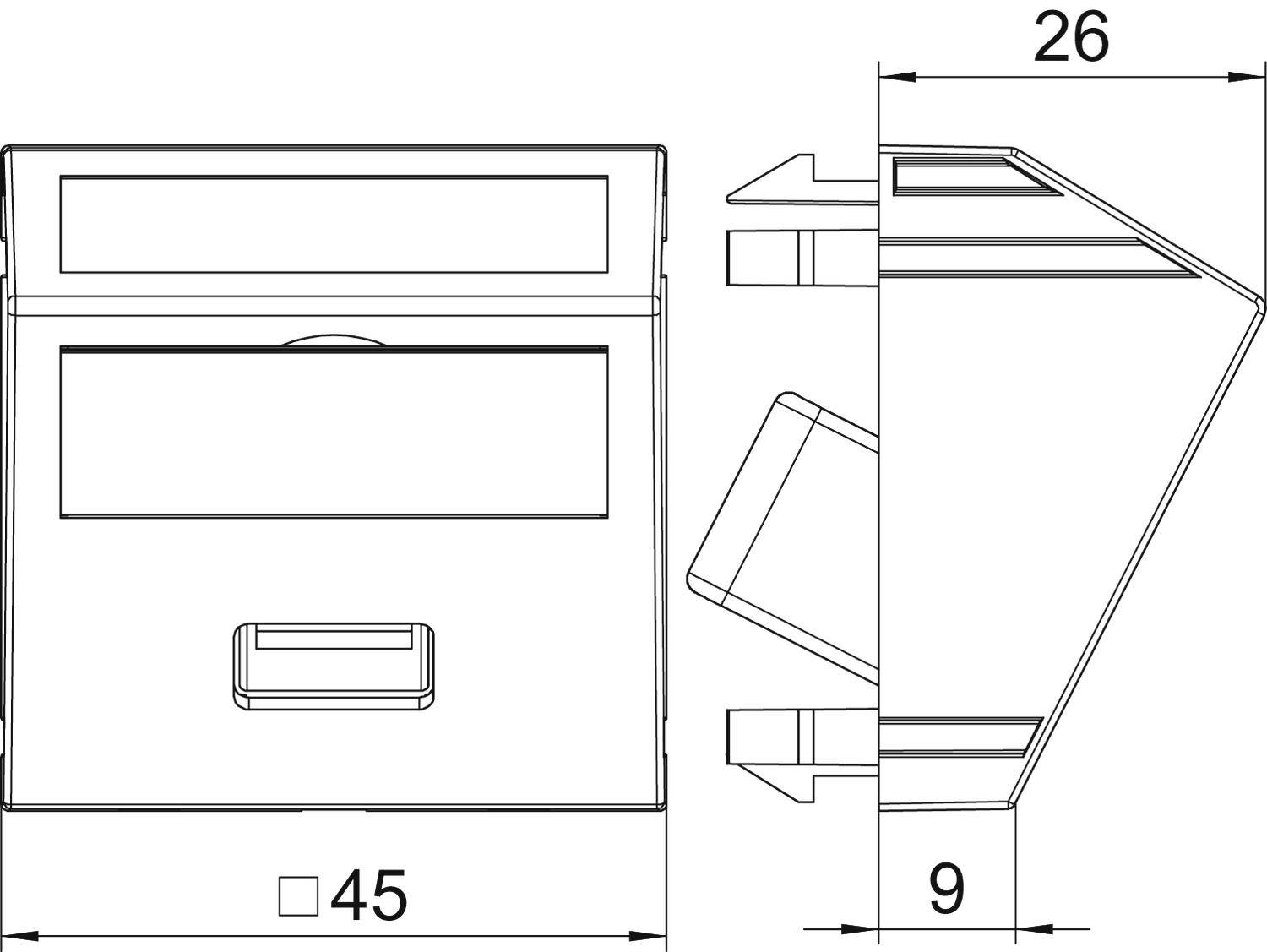 Technische Zeichnung eines Gehäuses: Vorderansicht mit Maßen 45x9 mm, Seitenansicht mit Tiefe 26 mm. Enthält Beschriftungsfelder.