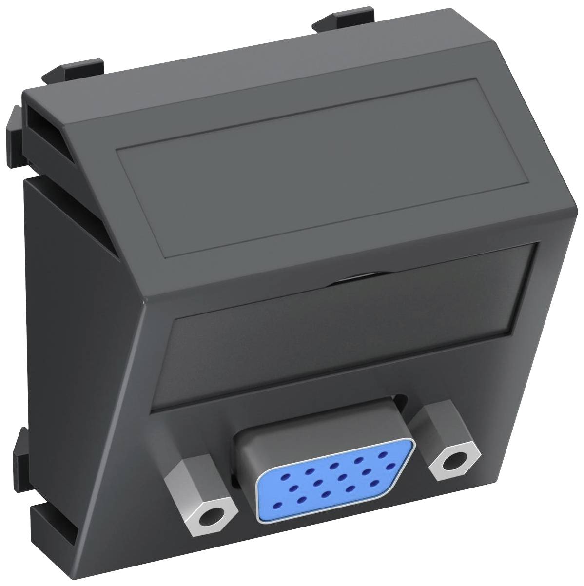 Schwarzer VGA-Wandadapter, rechteckige Form, mit blauem Anschlusspanel und Metallverschraubungen, für Monitore oder Projektoren.