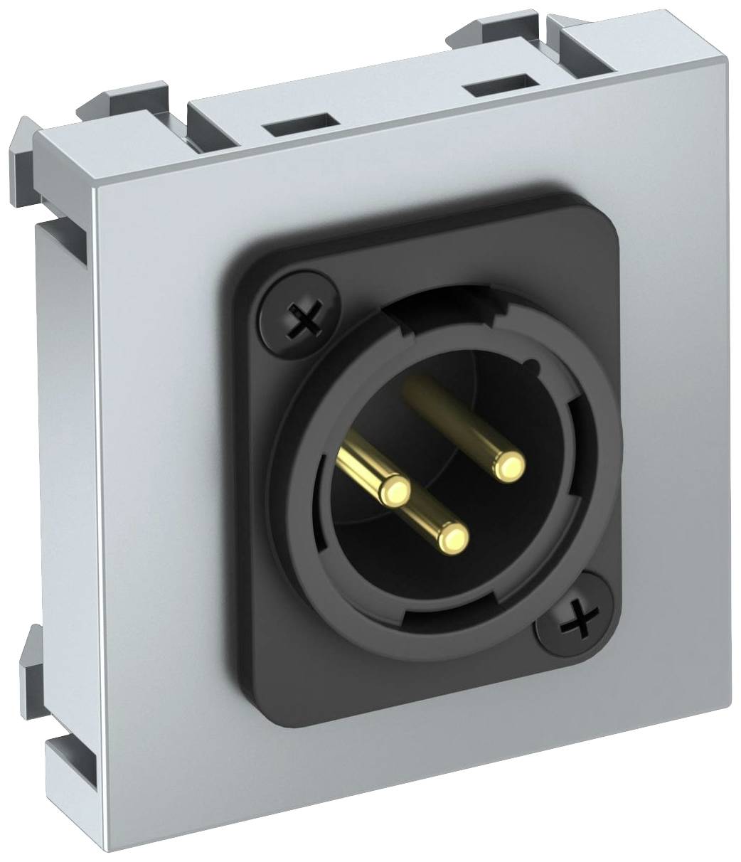Schwarze, quadratische Steckdose mit zwei goldfarbenen Kontakten und silbernem Rahmen, für den Einsatz in elektrischen Installationen geeignet.