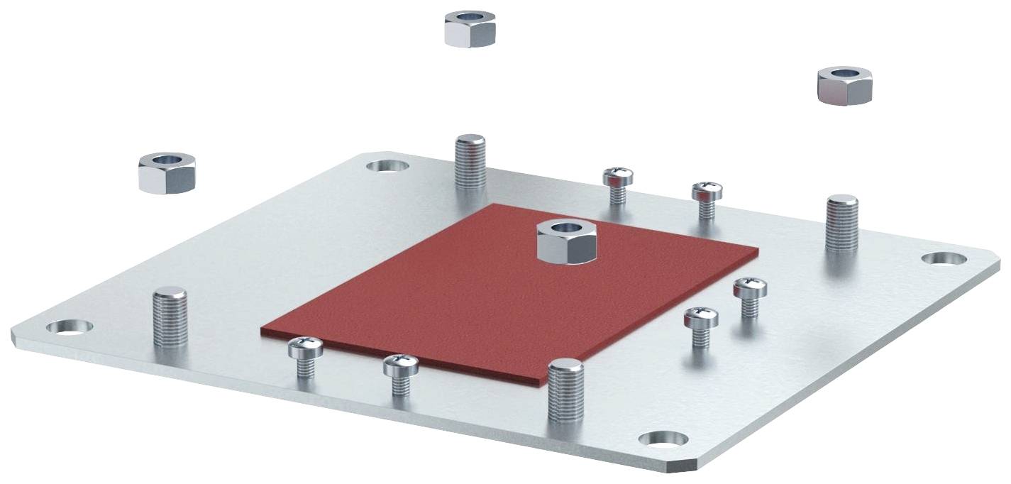 Render eines rechteckigen Metallstücks mit einem roten Einsatz in der Mitte, umgeben von Schrauben und Muttern in verschiedenen Positionen.