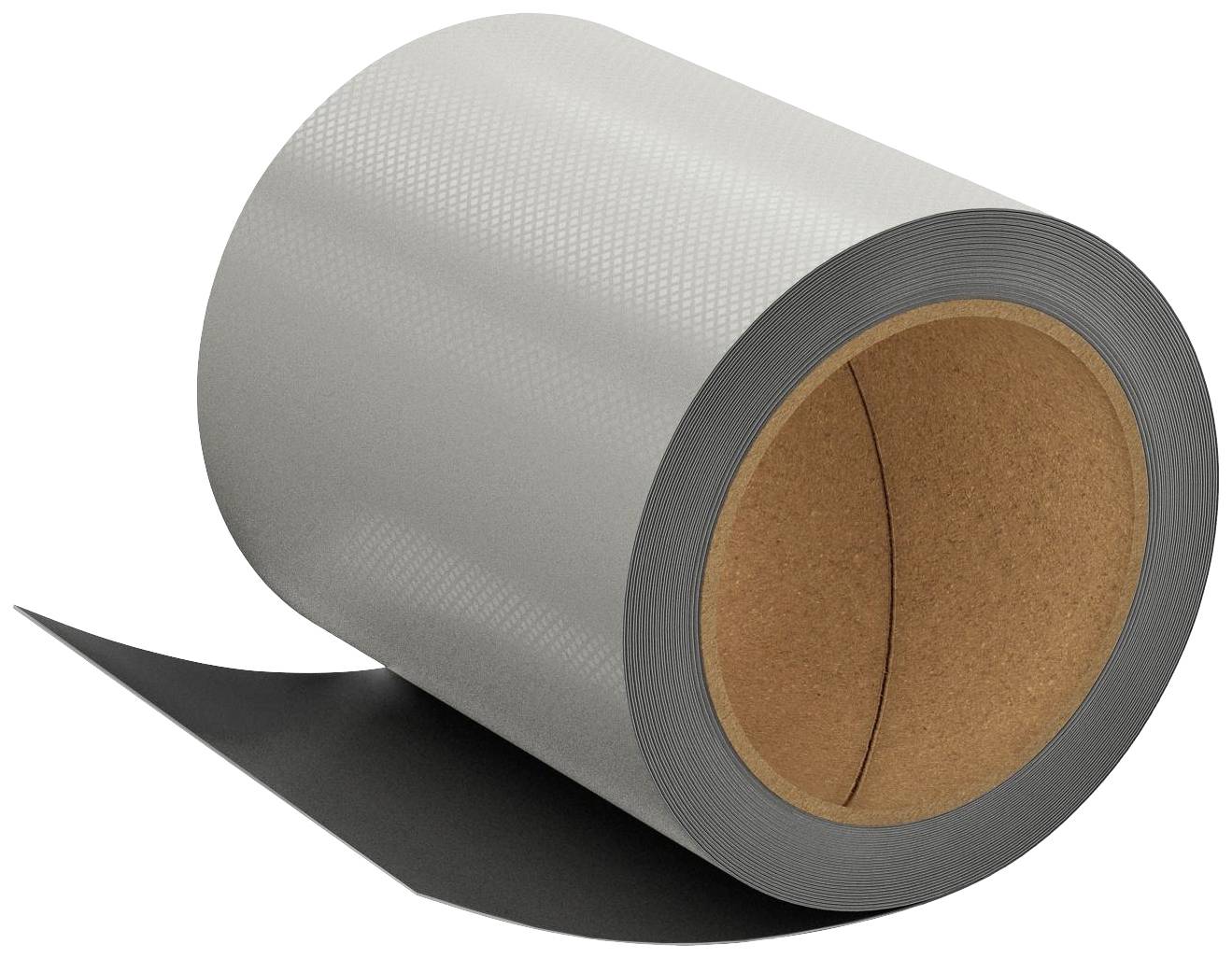 Rolle aus silbernem material mit kartonkern, auf schwarzem band sitzend.