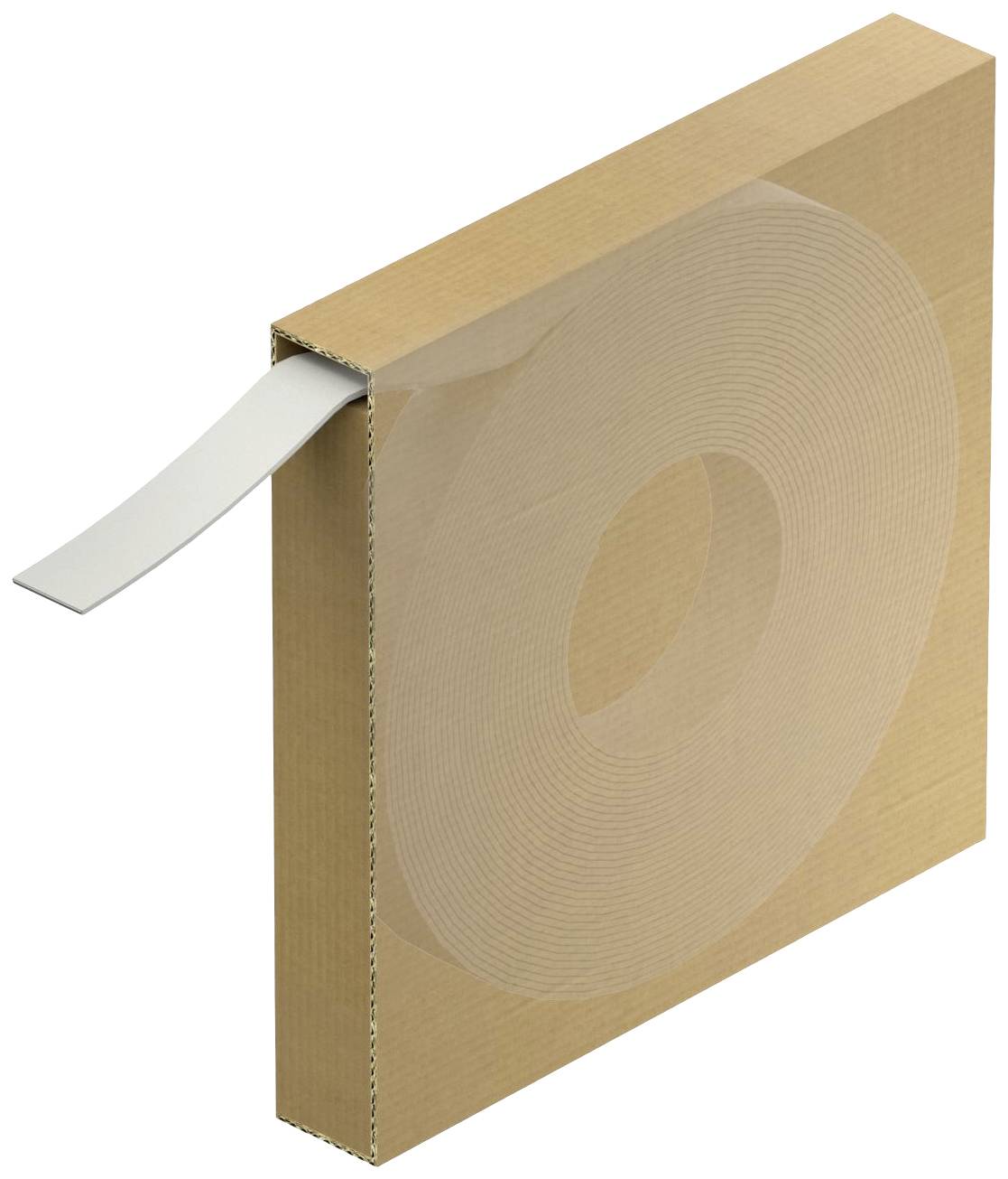 Pappkartonverpackung zeigt die Rolle eines weißen Klebebands mit einem herausragenden Abschnitt, Material ist teilweise sichtbar.