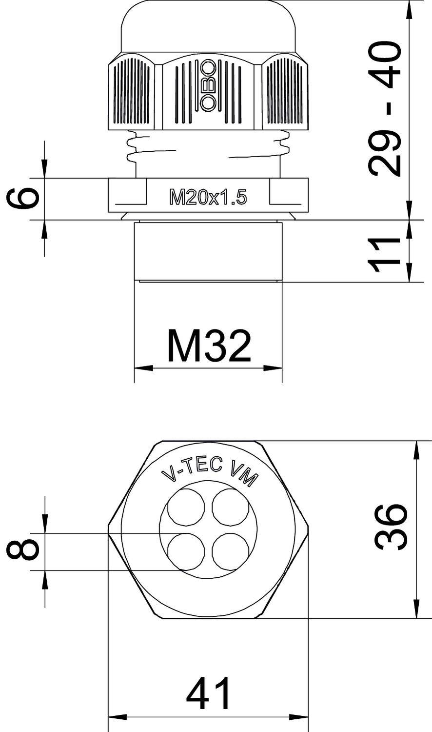 Technische Zeichnung einer Kabelverschraubung mit den Maßen M32, M20x1,5. Oben Ansicht mit Markierung OBO, unten Draufsicht mit 'V-TEC VM'.