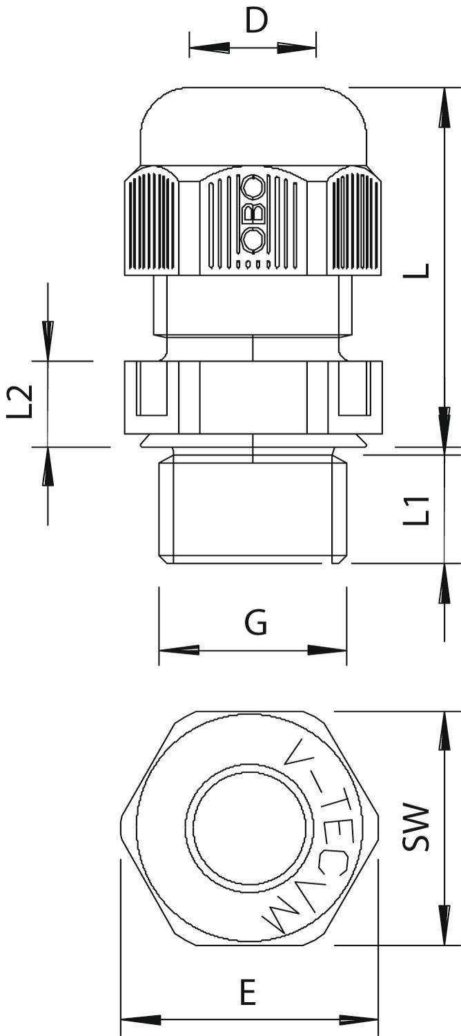 Technische Zeichnung eines Kabelverschraubungselements mit Beschriftungen für Maße: Durchmesser (D), Längen (L1, L2), Gewinde (G) und Schlüsselweite (SW).