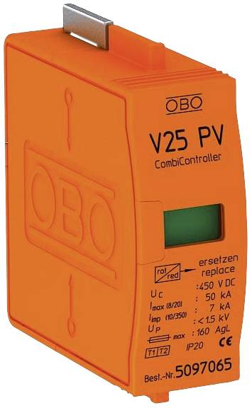 Orangefarbenes Gerät mit der Aufschrift 'V25 PV CombiController' von OBO. Es zeigt technische Details wie Spannung, Stromstärke und Schutzgrad.