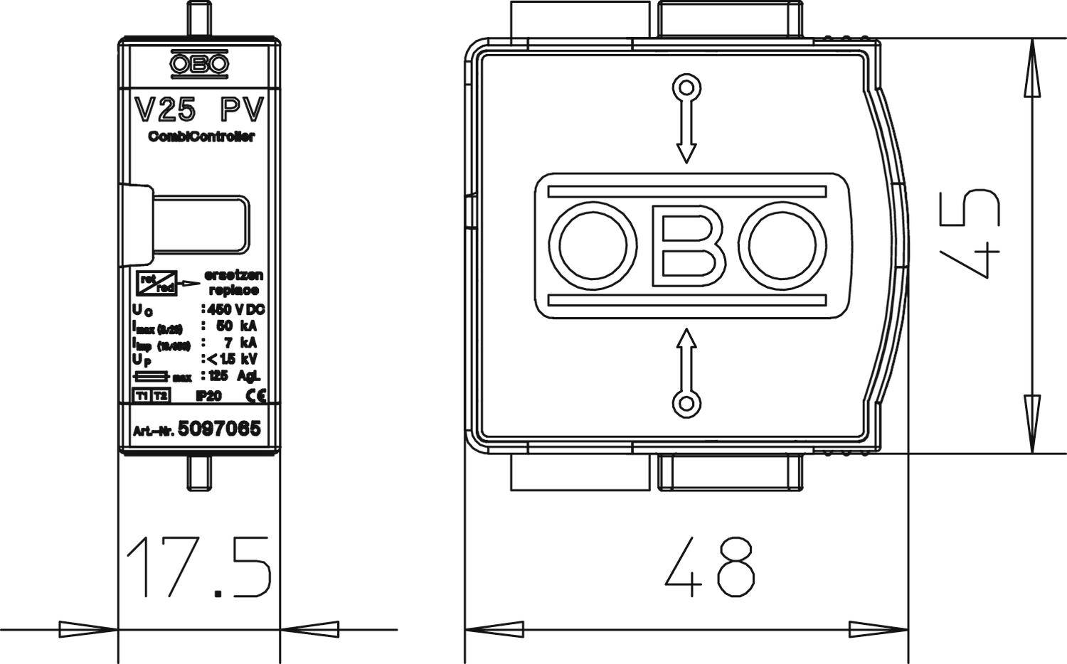 Technische Zeichnung eines Überspannungsschutzgeräts. Vorder- und Seitenansicht mit Abmessungen angegeben. Model: V25 PV.
