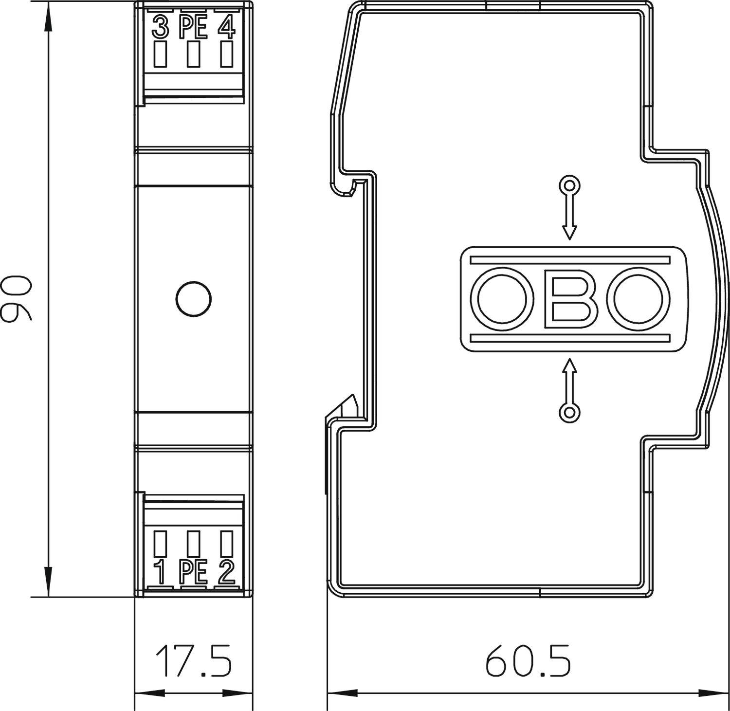 Technische Zeichnung eines elektrischen Bauteils mit den Maßen 90 x 17,5 x 60,5 mm. Zwei Anschlüsse sind oben, zwei unten markiert.