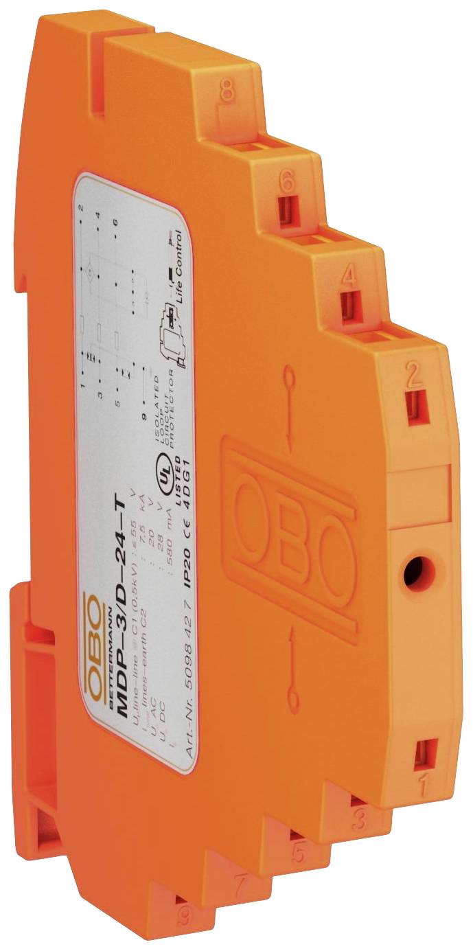 Oranges Überspannungsschutzgerät mit Modellnummer 'MDP-3 D-24-T', Herstellerlabel und technischen Spezifikationen aufgedruckt.