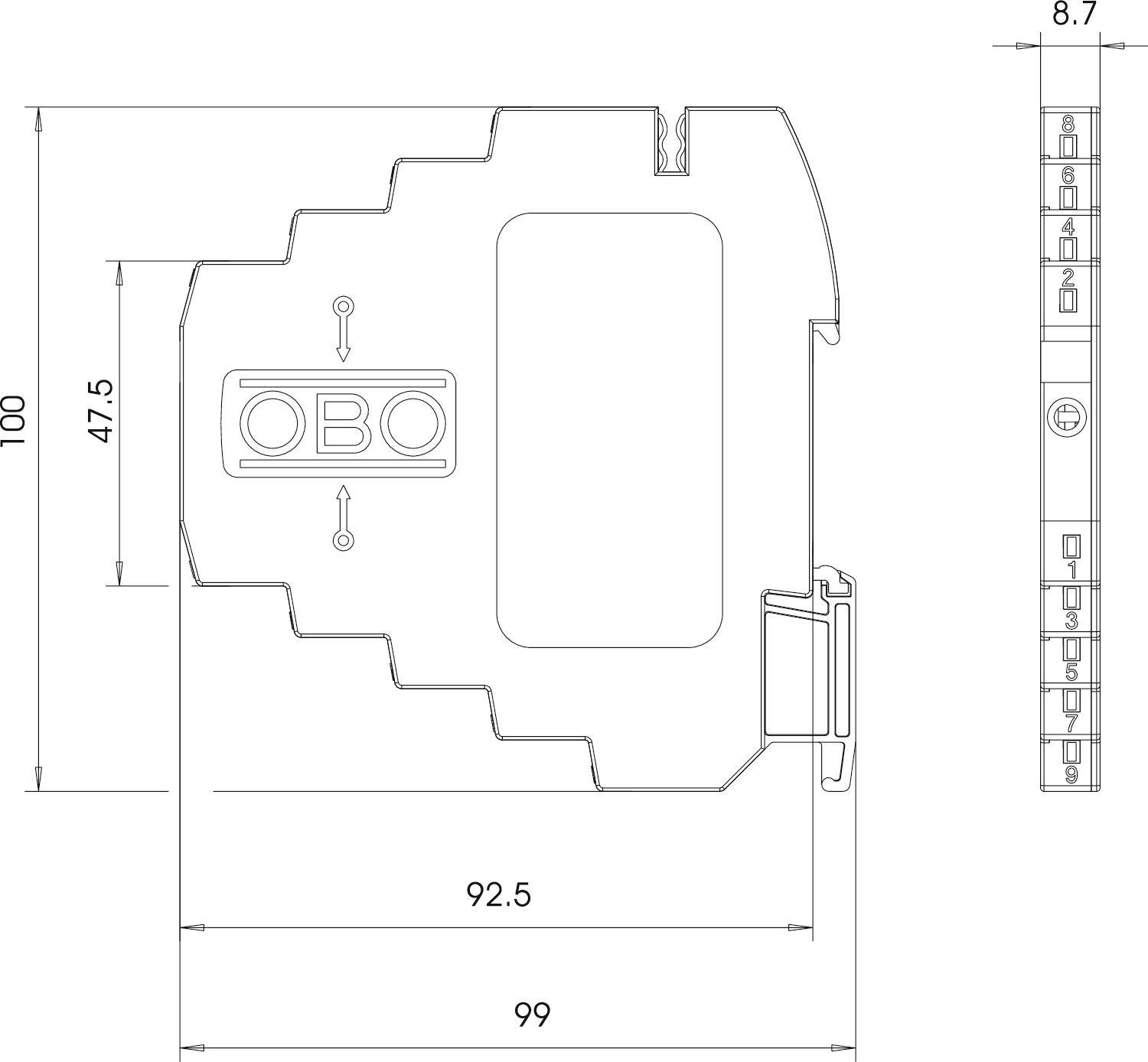 Technische Zeichnung eines rechteckigen Bauteils mit Maßen in Millimetern: Breite 99, Höhe 100, Tiefe 8.7. Beschriftet mit 'OBO'.