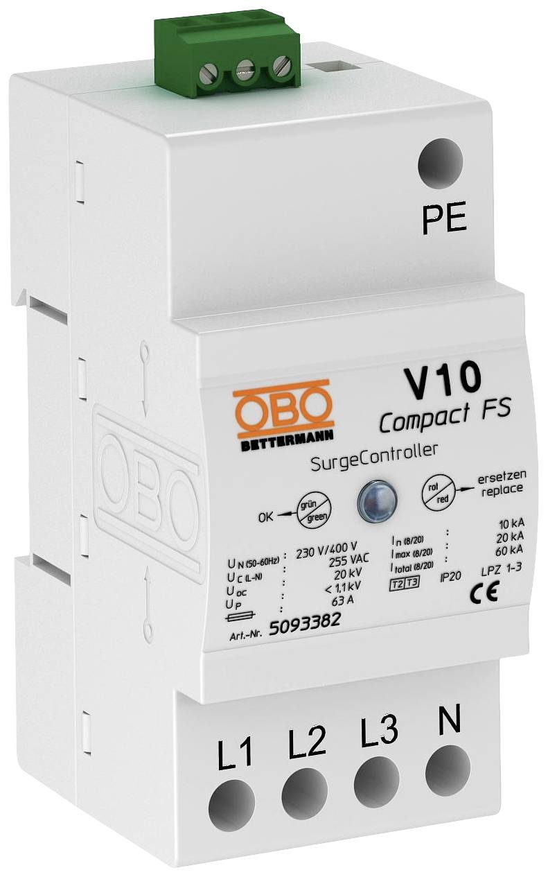 Überspannungsschutzgerät OBO Bettermann V10 Compact FS, für Stromnetze, mit Anschlüssen L1, L2, L3 und PE, schützt vor Überspannungen.