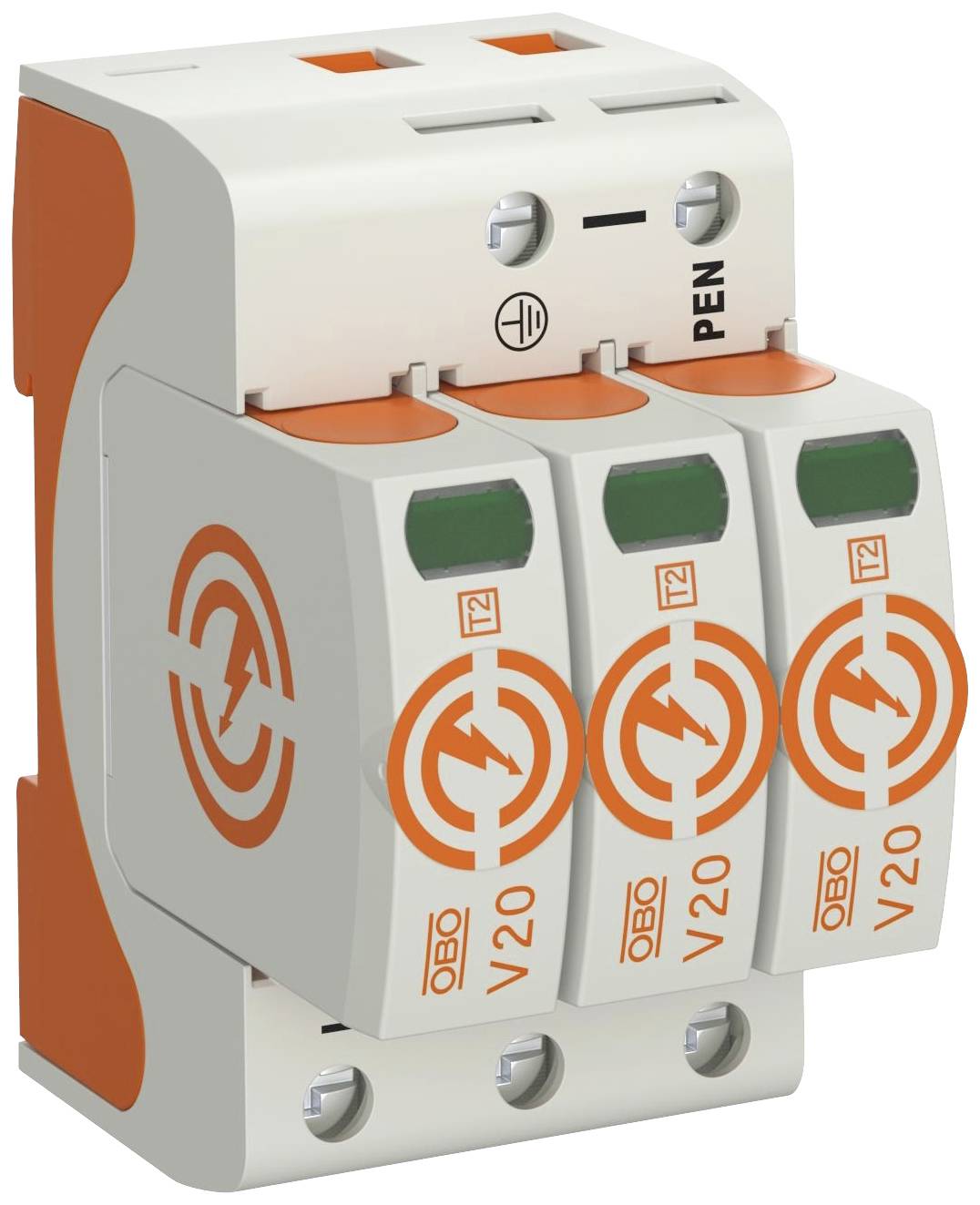 Überspannungsschutzgerät V20 von OBO, dreiphasig, mit rotem und grauem Design, für elektrische Schutzinstallationen.