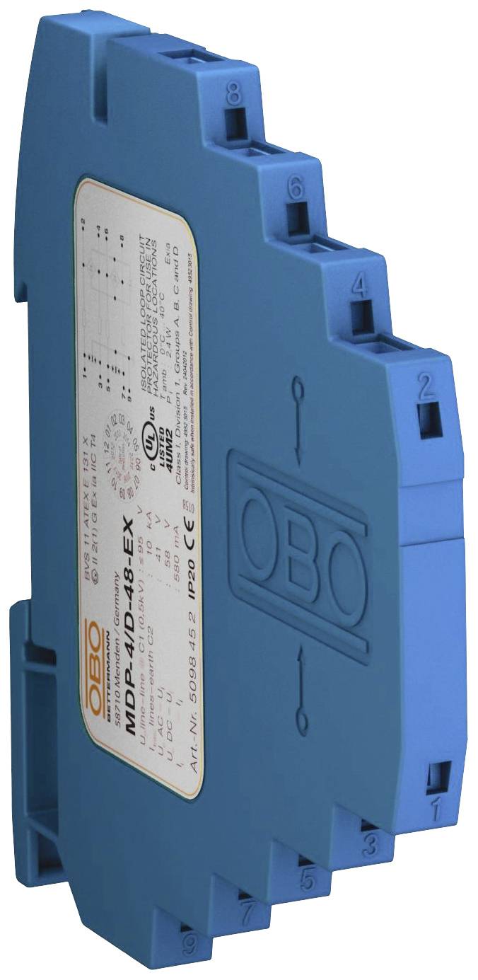 Blaues elektrisches Bauelement mit mehreren Anschlüssen, Etikett mit Aufschrift 'MDR-4D-24-EX', spezifiziert für Explosion-Schutz.