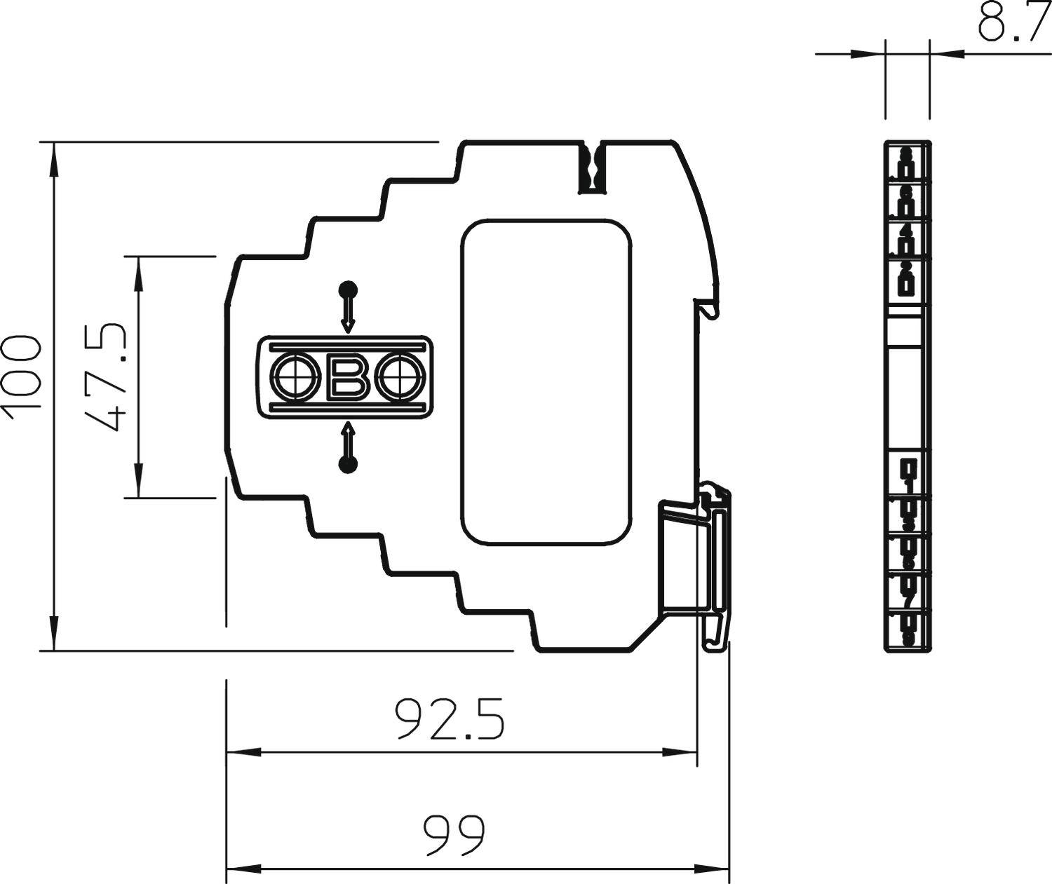 Technische Zeichnung eines rechteckigen Bauteils mit Maßen: 100 mm Höhe, 99 mm Breite, 8.7 mm Tiefe. Zeigt mehrere Bohrungen.