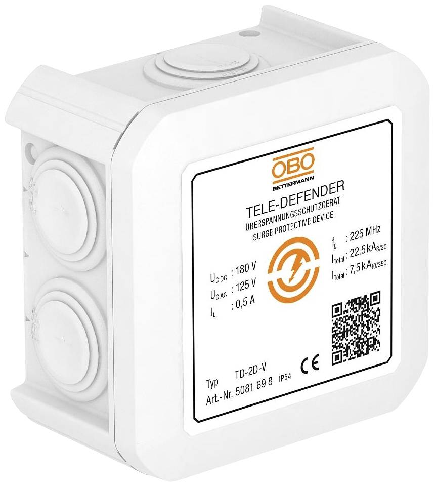 Weiße OBO Bettermann Überspannungsschutzgerät-Box mit technischen Spezifikationen auf dem Etikett, u.a. Uc: 180 V, In: 7,5 kA.