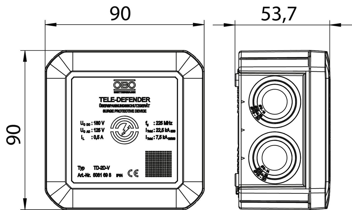 Zeichnung eines Überspannungsschutzgeräts mit den Maßen 90 mm x 53,7 mm. Beinhaltet technischen Spezifikationen wie Spannung und Stromstärke.