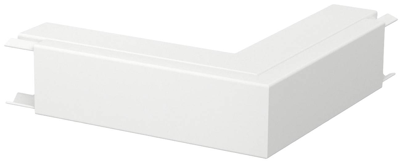 Weiße, eckige Kunststoffverbindung für Kabelkanäle, die zwei rechte Winkel bildet. Verwendet zur sicheren und ordentlichen Kabelverlegung.