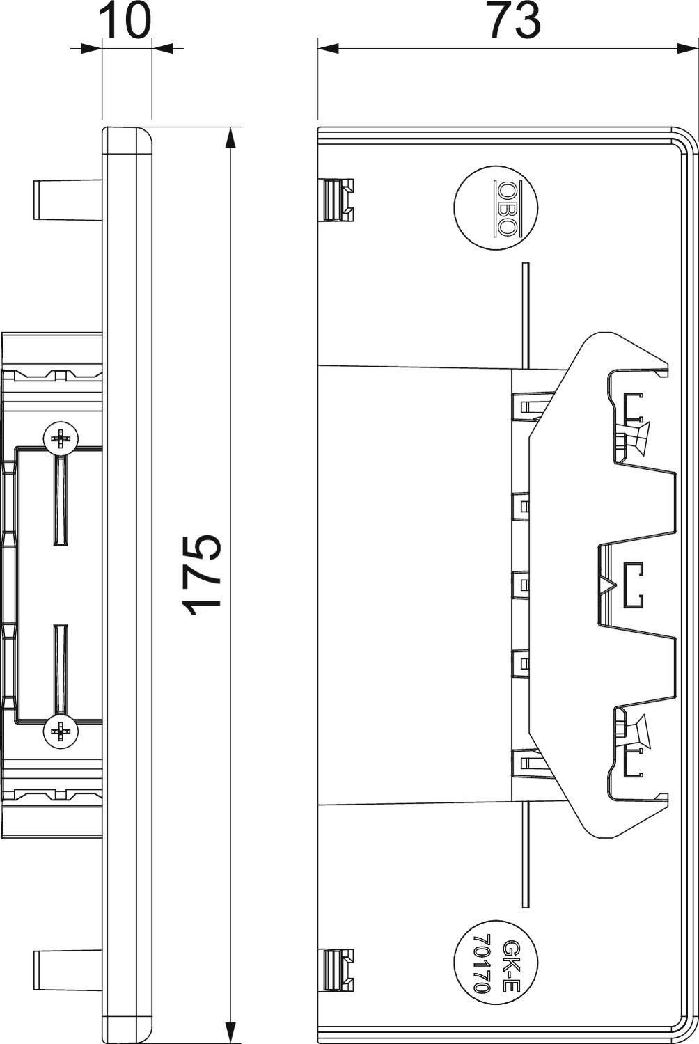 Technische Zeichnung eines rechteckigen Geräts im Querformat, mit Maßen von 175mm Höhe und 73mm Breite. Beschriftungen: GKE 70710.