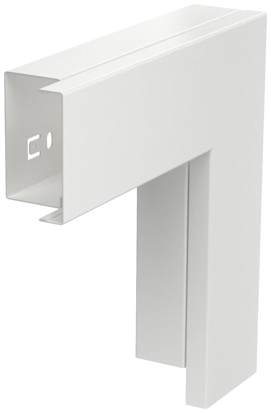 Ein weißes L-förmiges Profil aus Metall, das in der Bau- oder Möbelindustrie verwendet wird. Es hat einen quadratischen Querschnitt und ein Loch an der Seite.