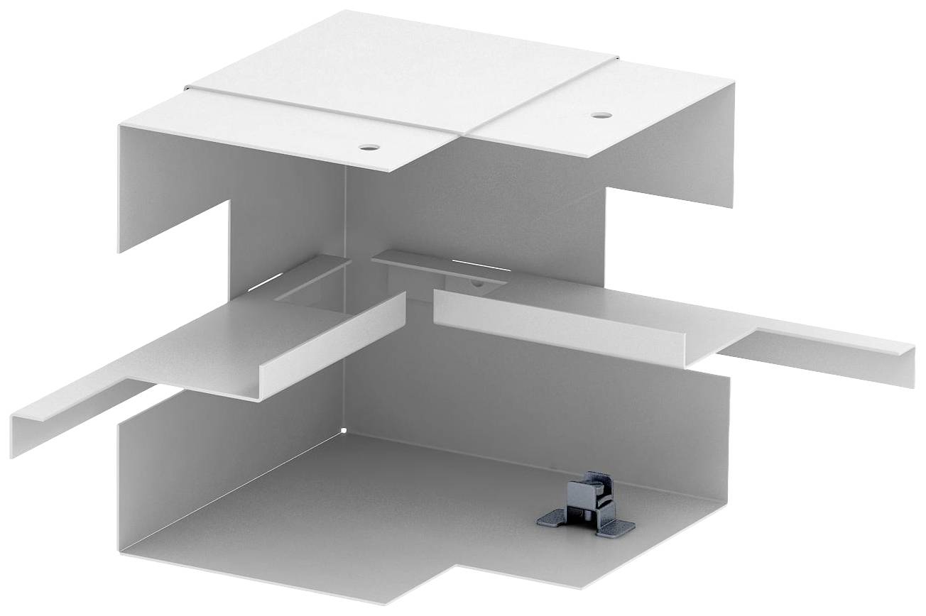 Ein komplexes, modulartiges Metallstück mit mehreren Ebenen und hervorstehenden Teilen, das möglicherweise eine Montagebasis darstellt.