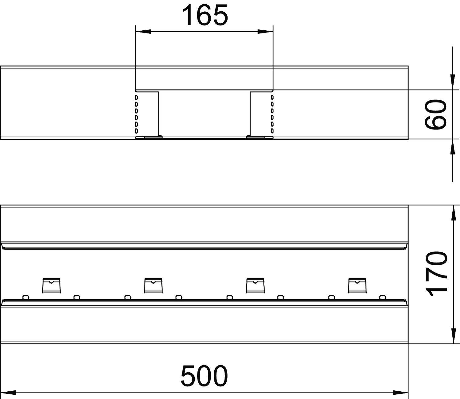 Technische Zeichnung eines rechteckigen Bauteils mit den Maßen 500 mm Breite, 170 mm Höhe und 165 mm Tiefe. Maßangaben sind markiert.