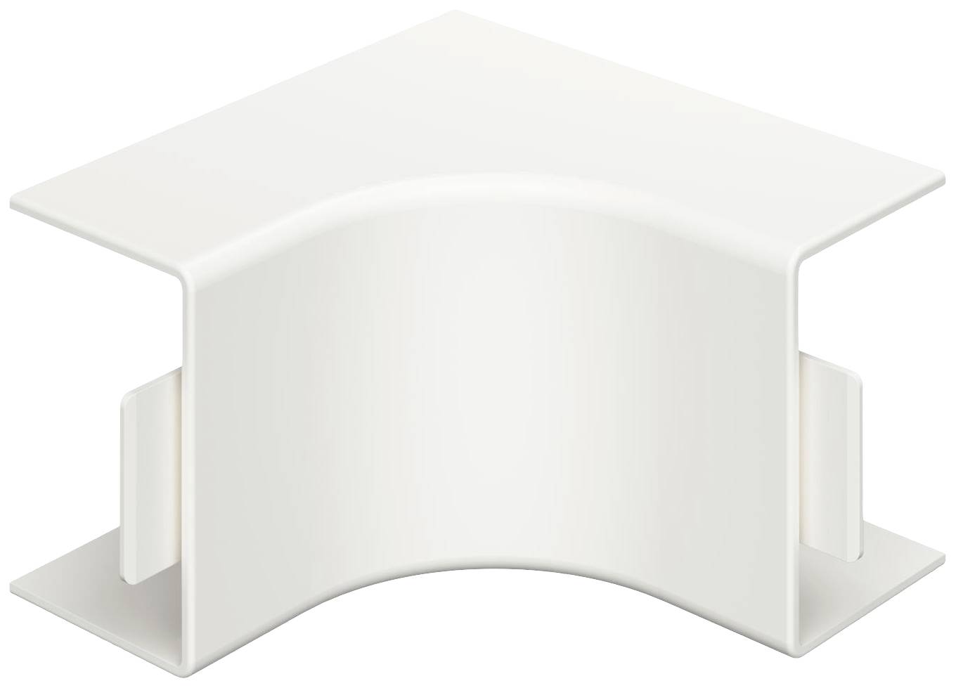 Weißes, gewölbtes Verbindungsstück für Kabel, passend für die Verbindung von zwei rechtwinkligen Kanälen in einem Kabelmanagementsystem.