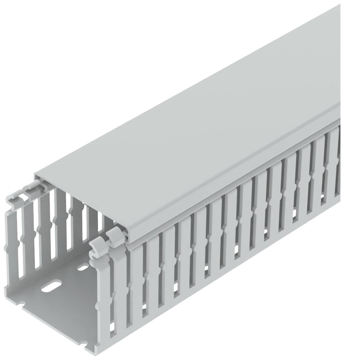 Kabelkanal mit abnehmbarem Deckel und senkrechten Schlitzen zur Kabelorganisation in technischen Installationen.