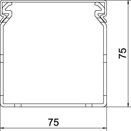 Technische Zeichnung eines quadratischen Aluminiumprofils. Maße: 75 x 75 mm. Zeigt die Querschnittsanordnung der inneren Strukturen.
