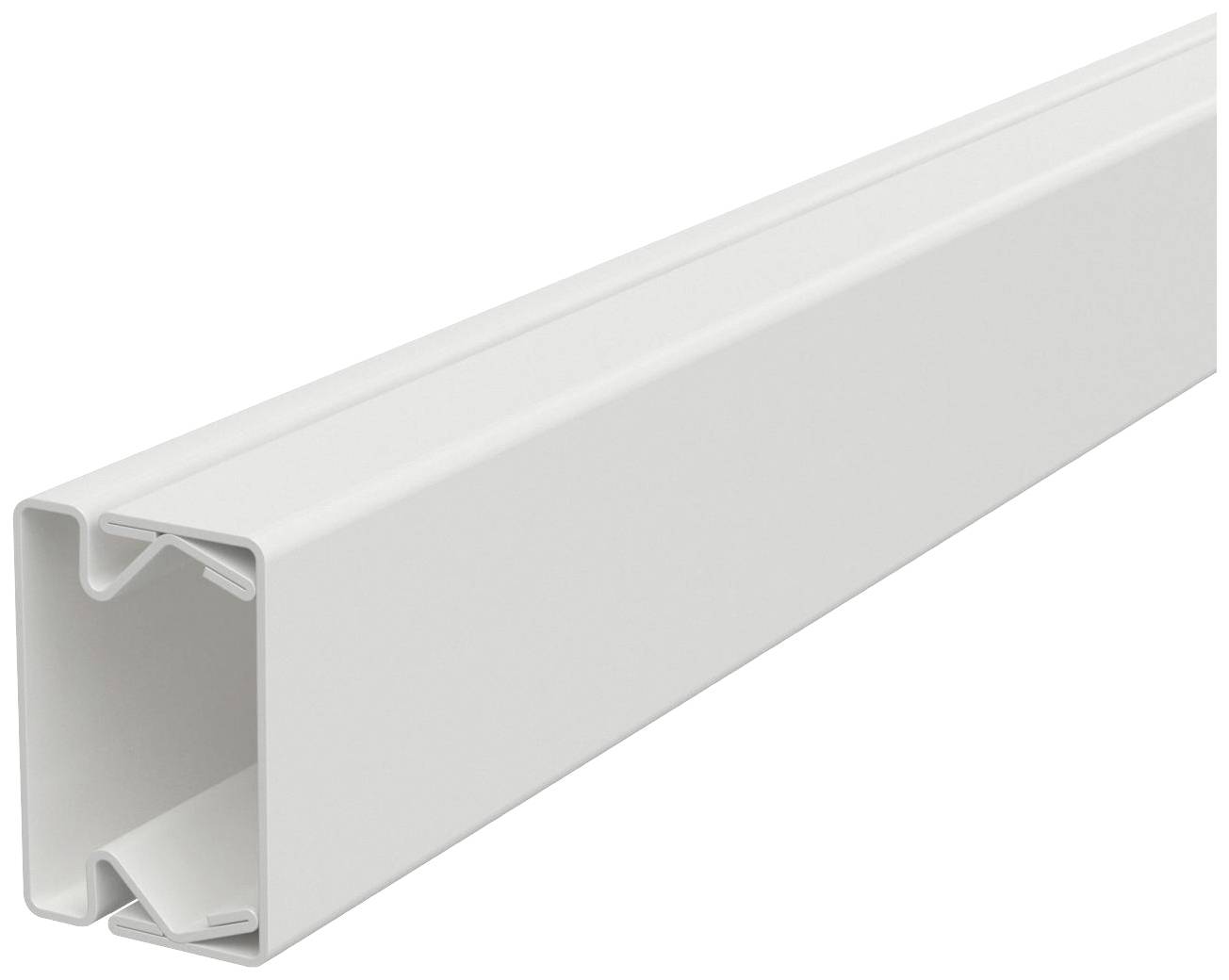 Ein weißer Kabelkanal aus Kunststoff, quadratisch geformt, mit einer Öffnung für Kabel, gezeigt in Seitenansicht.